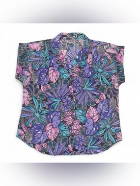 Casual Floral Button-Down Shirt in Purple, Teal & Pink